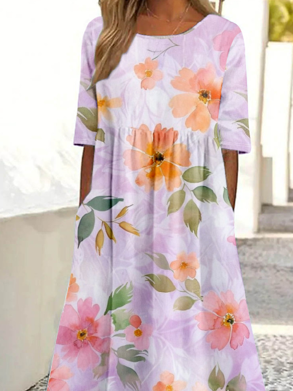 Femmes Floral Comme Image Col Rond Confortable Robe Maxi Décontracté