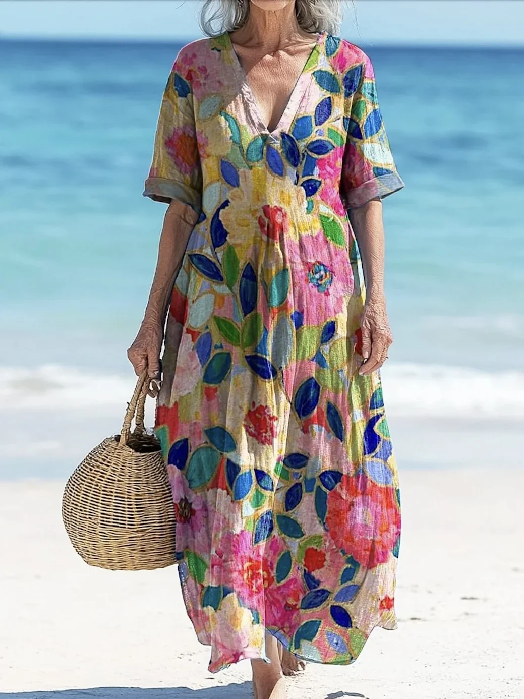 Femmes Floral Rose Col V Confortable Robe Maxi Décontracté