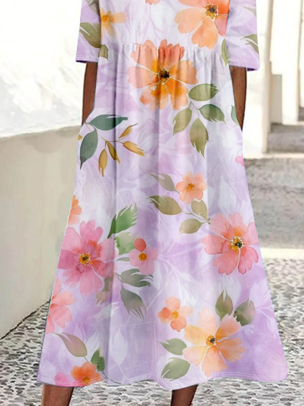 Femmes Floral Comme Image Col Rond Confortable Robe Maxi Décontracté
