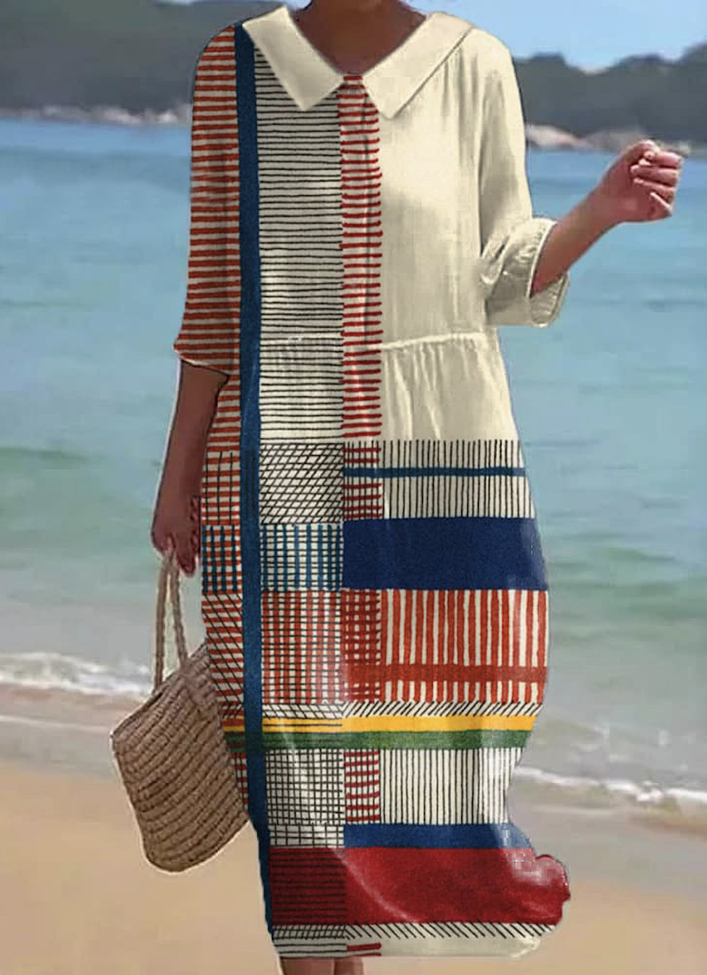 Femmes Géométrique Abricot Col Rond Confortable Robe Maxi Décontracté