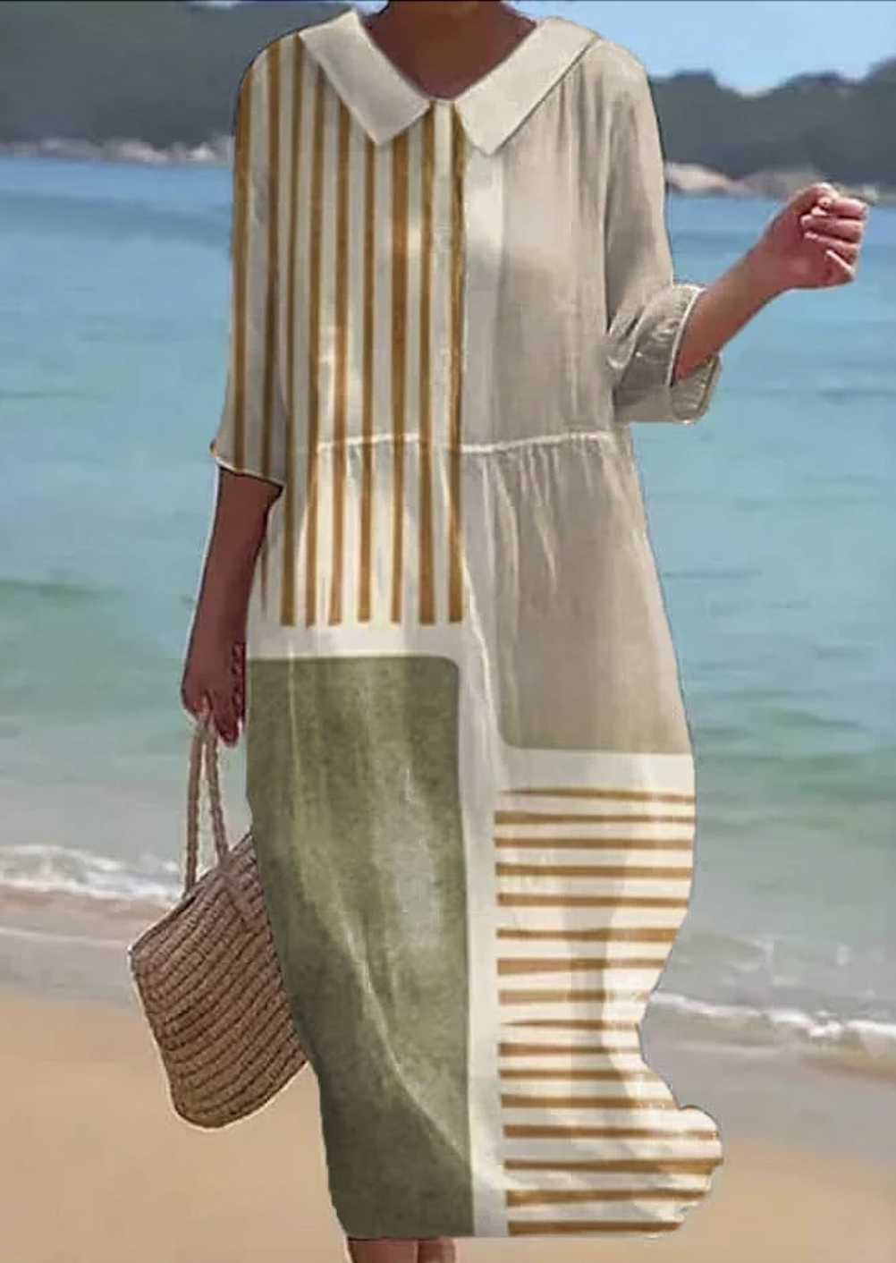 Femmes Géométrique Abricot Col Rond Confortable Robe Maxi Décontracté