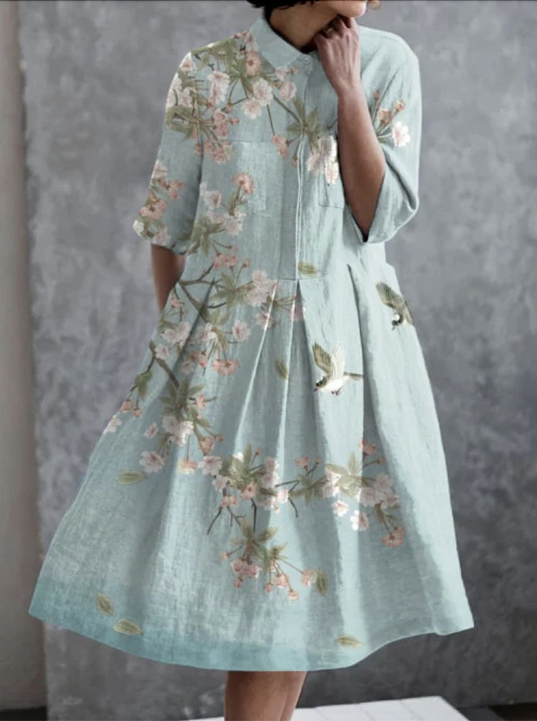 Femmes Floral Vert Clair Col de Chemise Confortable Robe Maxi Décontracté