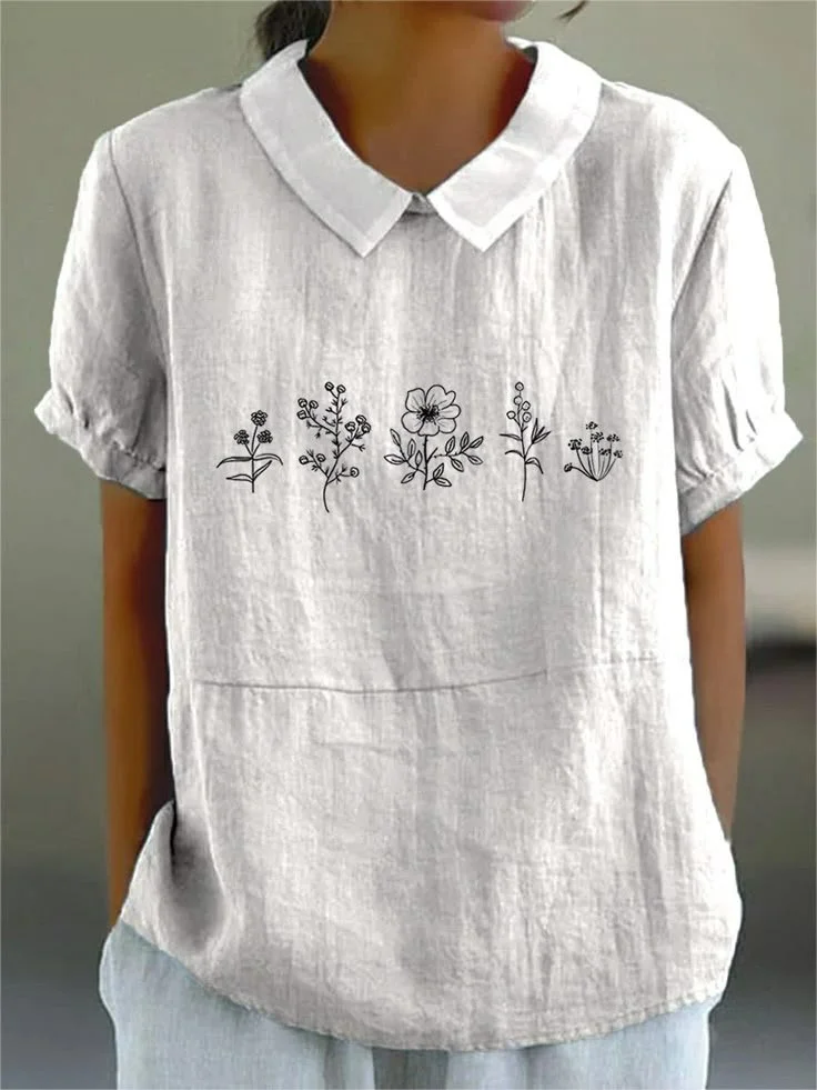 Blouses Élégant Floral Été Coton Quotidien Demi Manche Régulier Droit Régulier pour Femmes