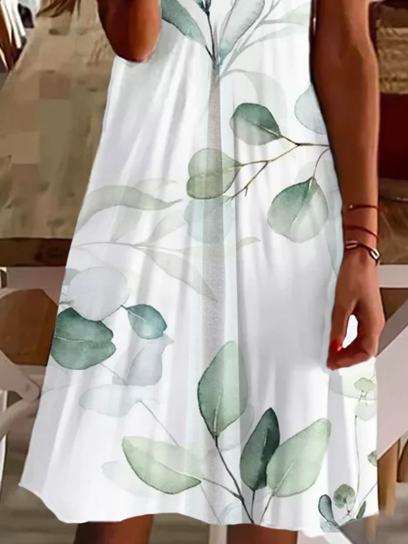 Femmes Floral Blanc Col V Confortable Imprimé Robe de Longueur Au Genou Décontracté