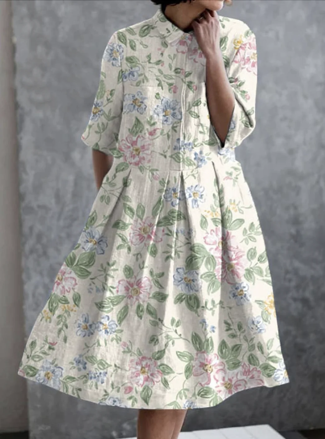 Femmes Floral Abricot Col de Chemise Confortable Robe Maxi Décontracté