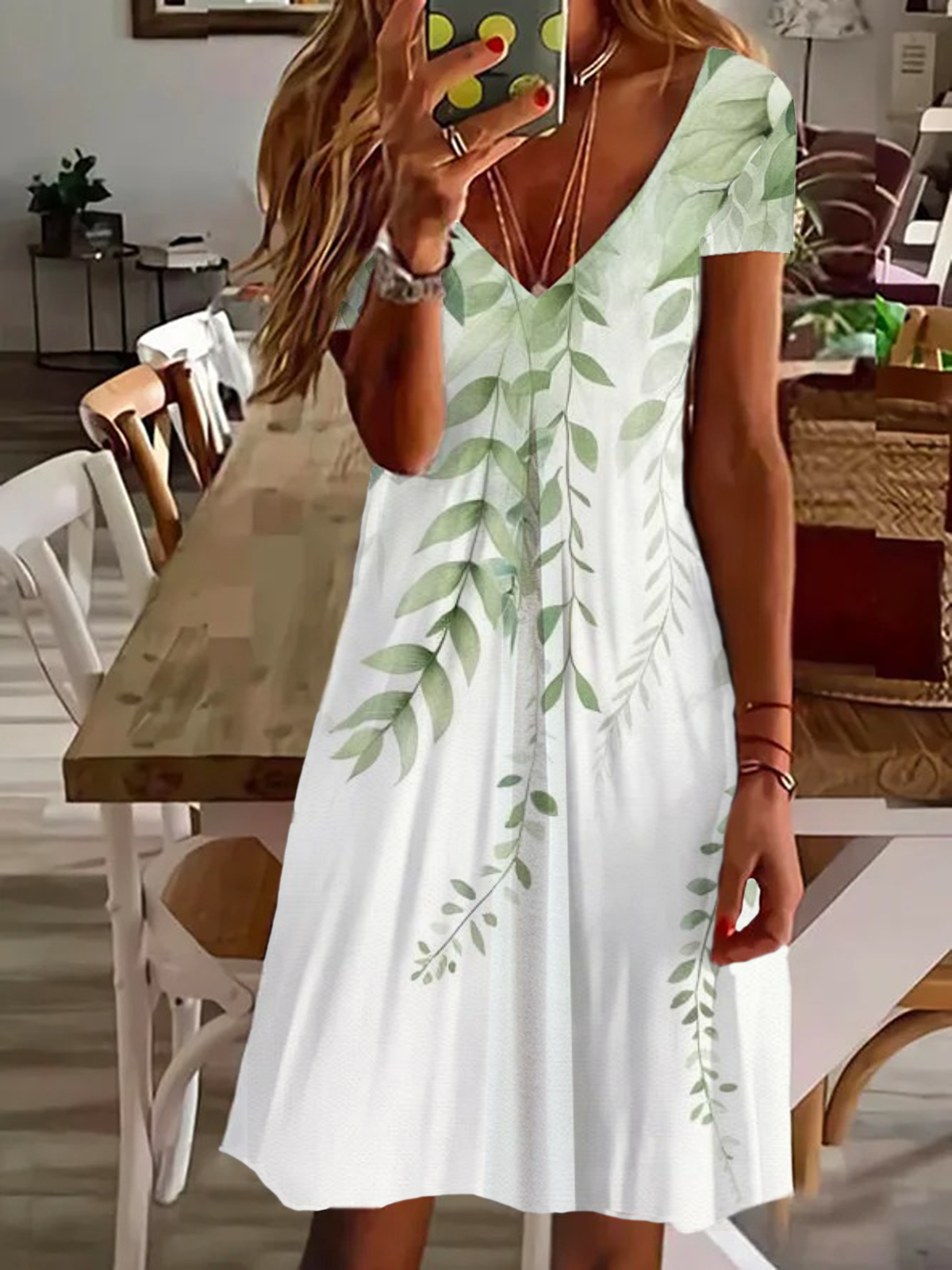 Femmes Floral Blanc Col V Confortable Imprimé Robe de Longueur Au Genou Décontracté