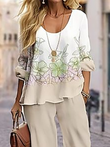 Deux Pièces Ensembles Femmes Décontracté Floral Printemps / Automne Polyester Imprimé Naturel Col Rond Top Avec Pantalons T.-N.-L.