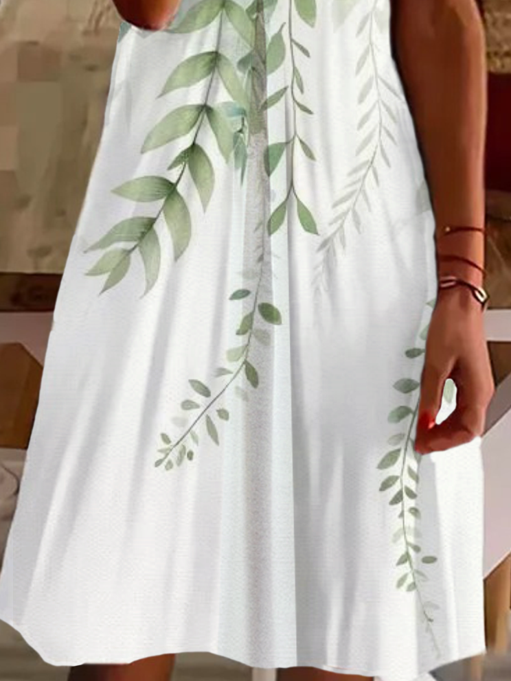 Femmes Floral Blanc Col V Confortable Imprimé Robe de Longueur Au Genou Décontracté