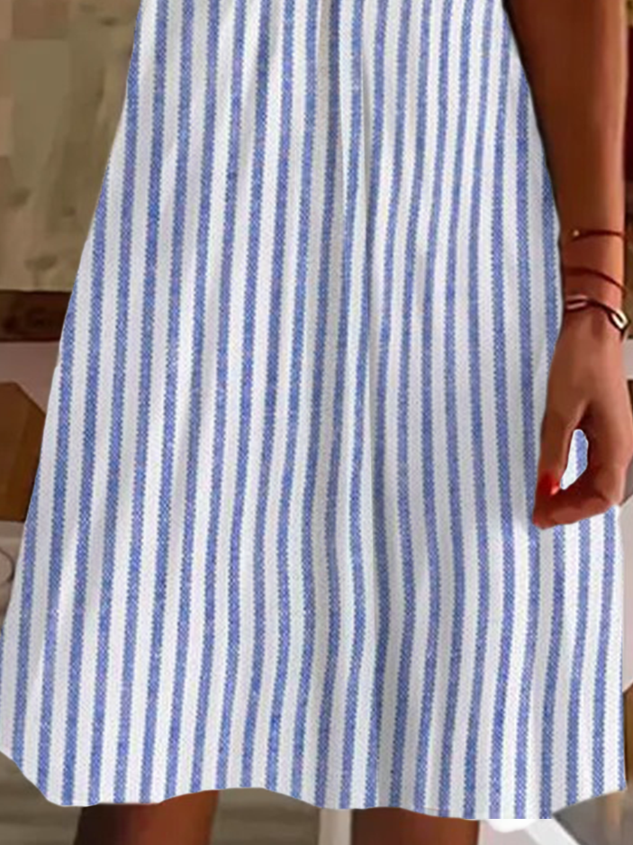 Femmes Rayé Bleu Col V Confortable Imprimé Robe de Longueur Au Genou Décontracté