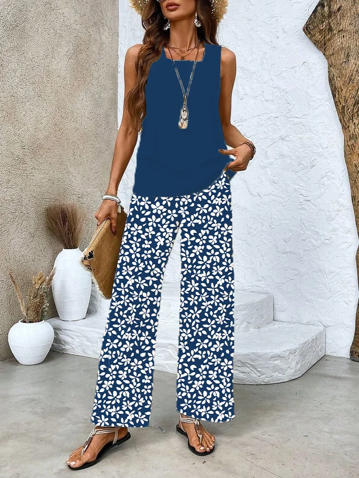 Deux Pièces Ensembles Femmes Décontracté Floral Été Polyester Imprimé Naturel Coupe Régulière Col Rond Top Avec Pantalons