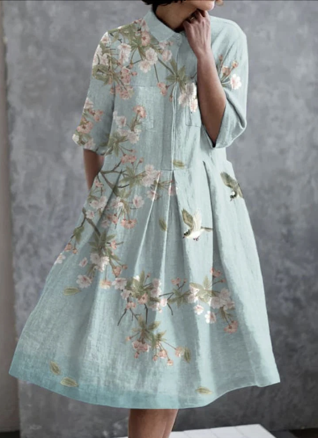 Femmes Floral Vert Clair Col de Chemise Confortable Robe Maxi Décontracté