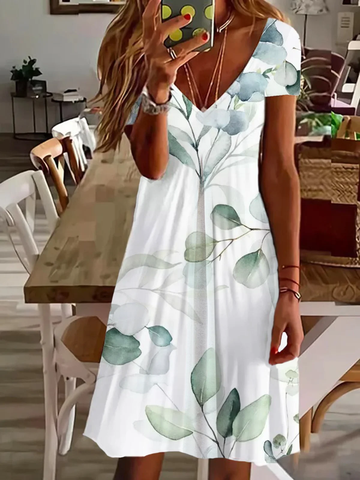 Femmes Floral Blanc Col V Confortable Imprimé Robe de Longueur Au Genou Décontracté