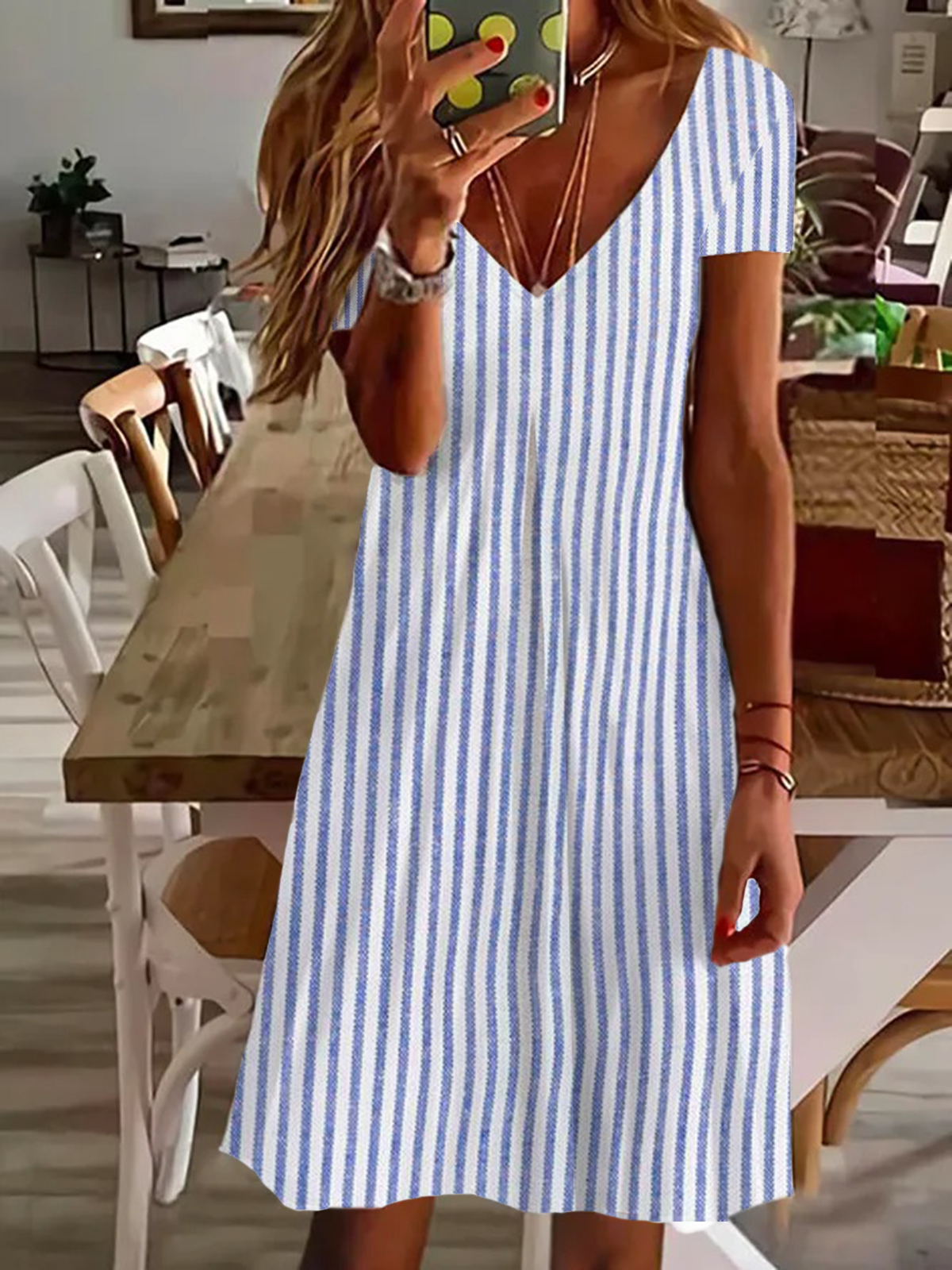 Femmes Rayé Bleu Col V Confortable Imprimé Robe de Longueur Au Genou Décontracté