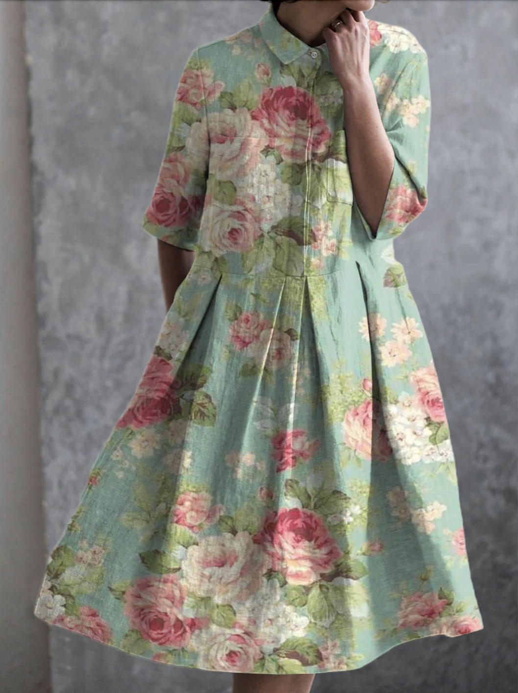 Femmes Floral Vert Col de Chemise Confortable Robe Maxi Décontracté