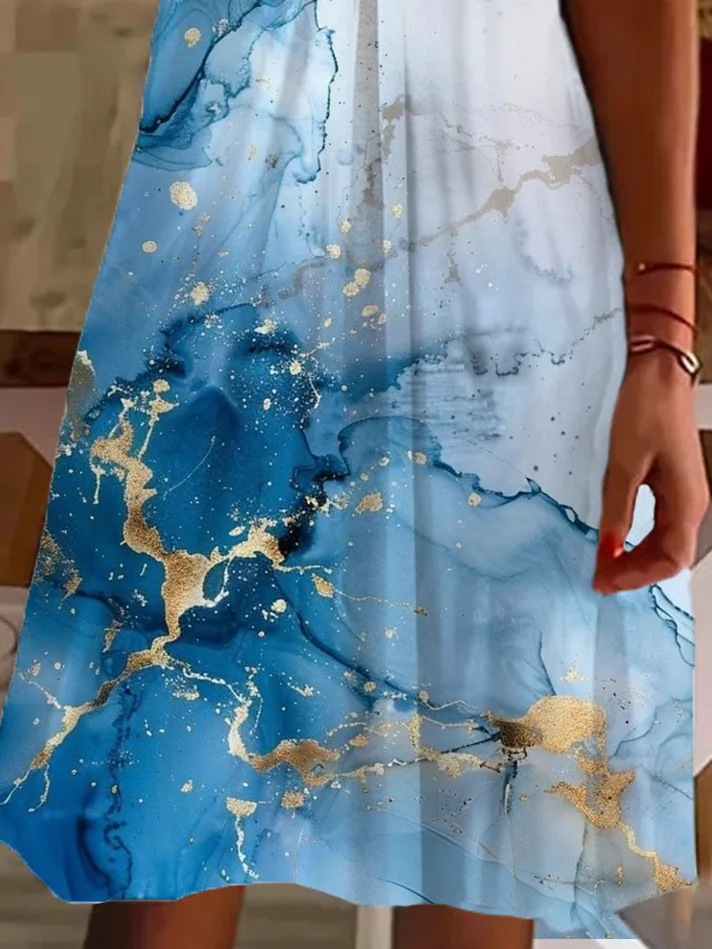 Femmes Abstrait Bleu Col V Confortable Imprimé Robe de Longueur Au Genou Décontracté