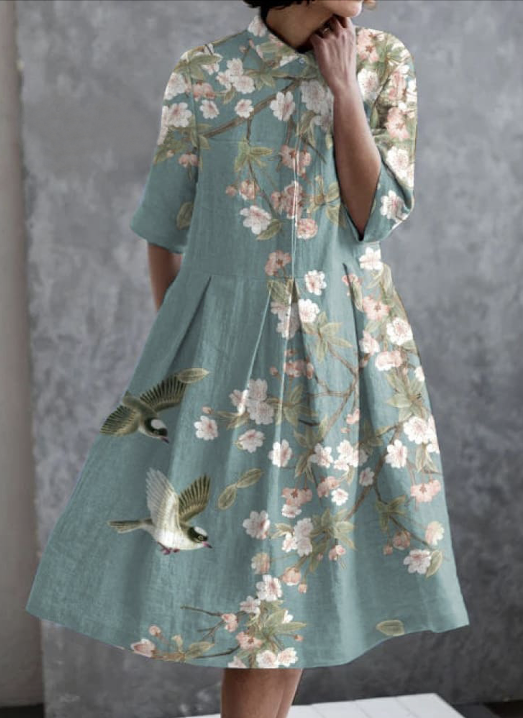 Femmes Floral Vert Clair Col de Chemise Confortable Robe Maxi Décontracté