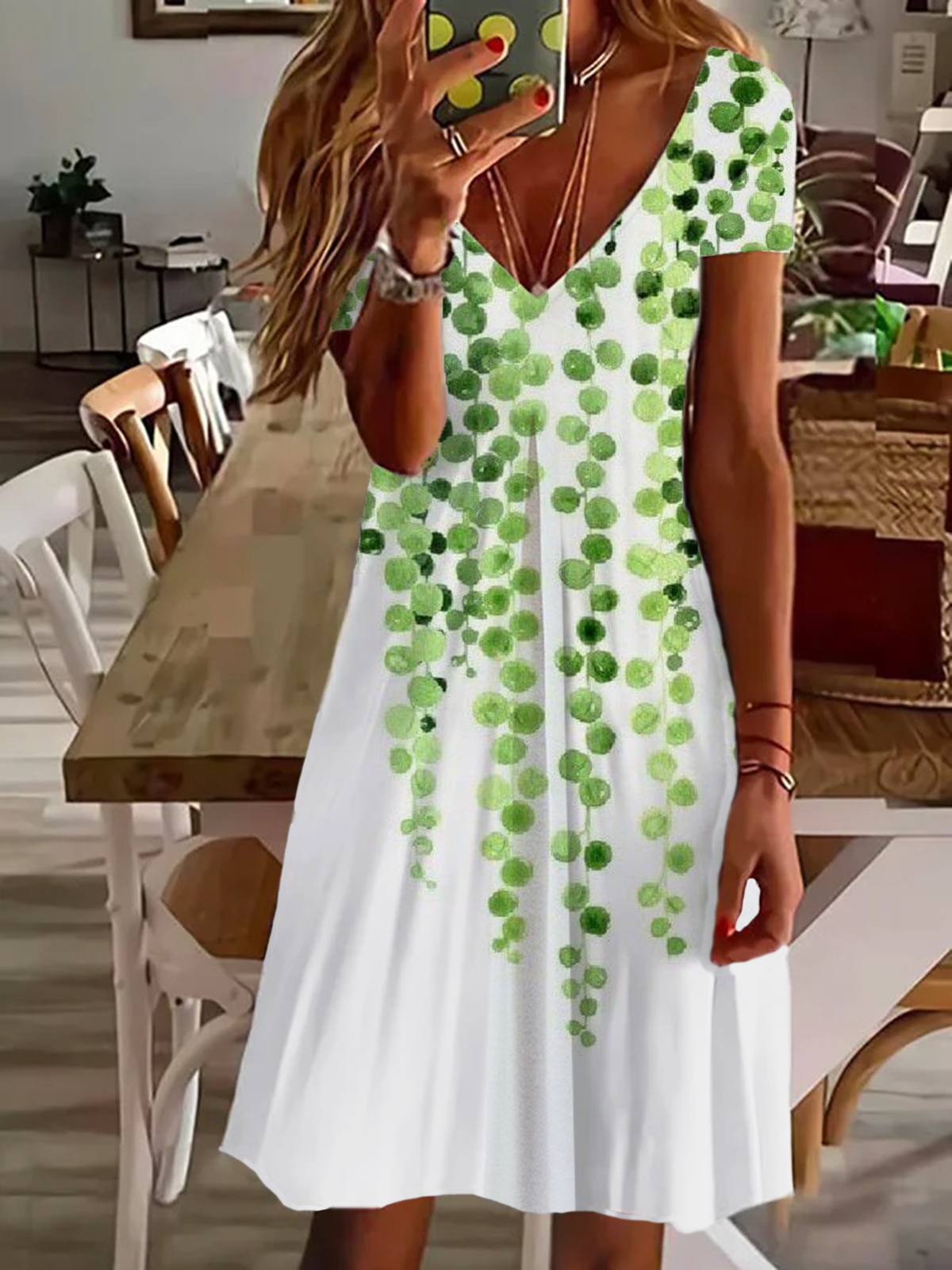 Femmes Floral Blanc Col V Confortable Imprimé Robe de Longueur Au Genou Décontracté