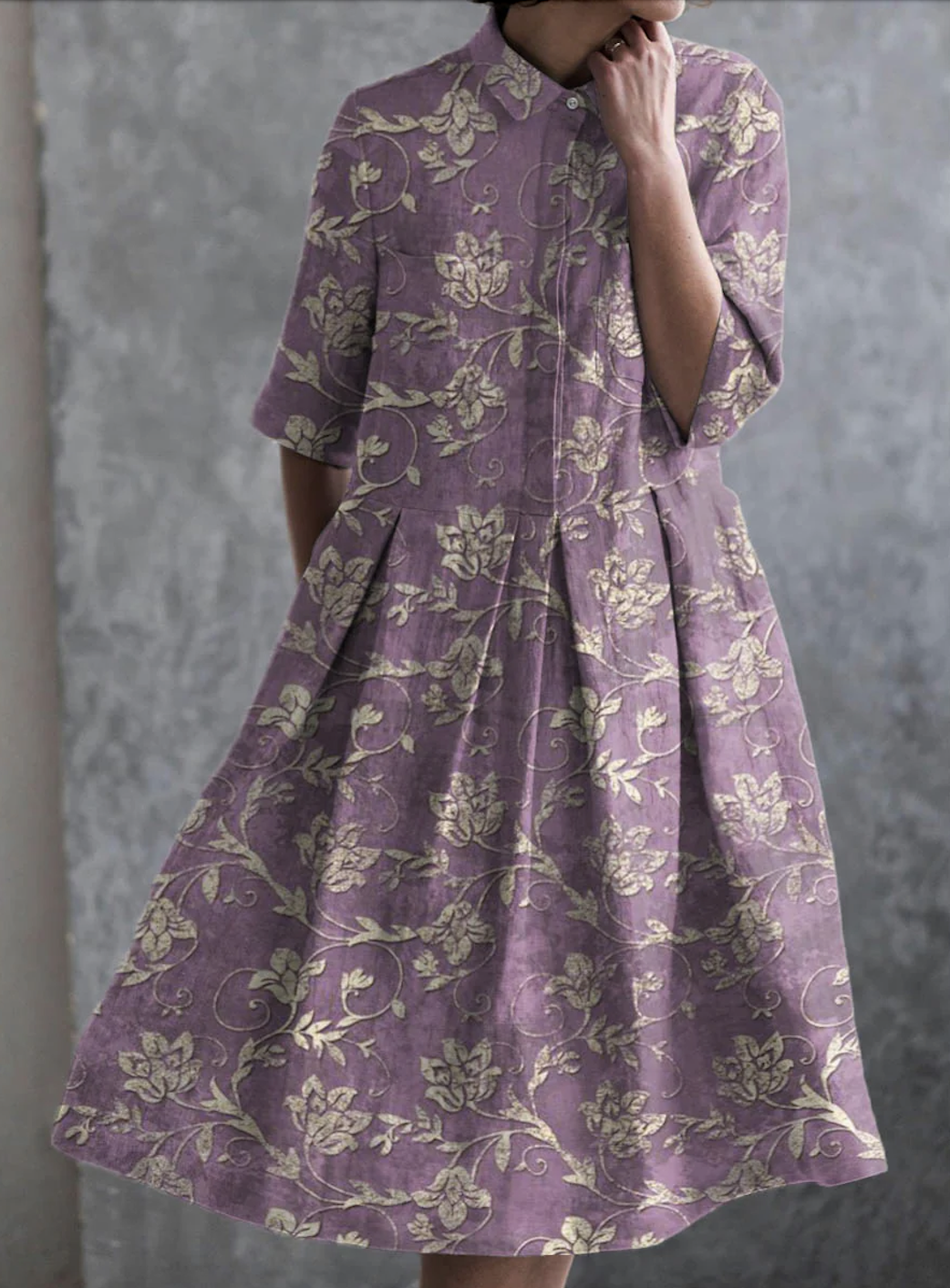 Femmes Floral Violet Clair Col de Chemise Confortable Robe Maxi Décontracté