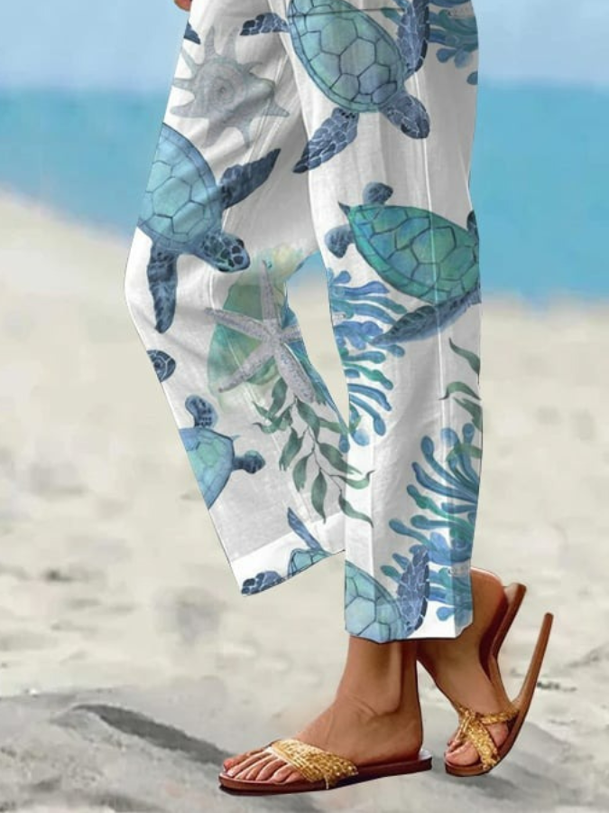 Pantalons Femmes Décontracté Imprimé d'Animal Printemps / Automne en Lin Naturel Micro-élasticité Faire la navette Long Droit