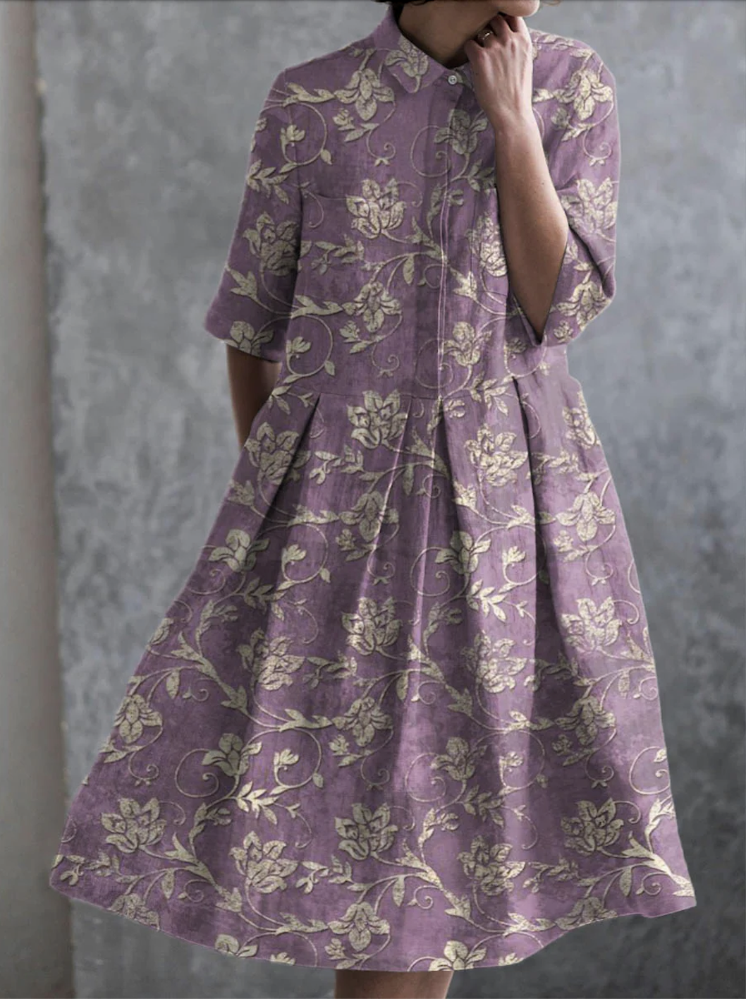 Femmes Floral Violet Clair Col de Chemise Confortable Robe Maxi Décontracté