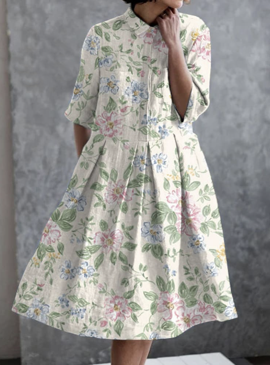 Femmes Floral Abricot Col de Chemise Confortable Robe Maxi Décontracté