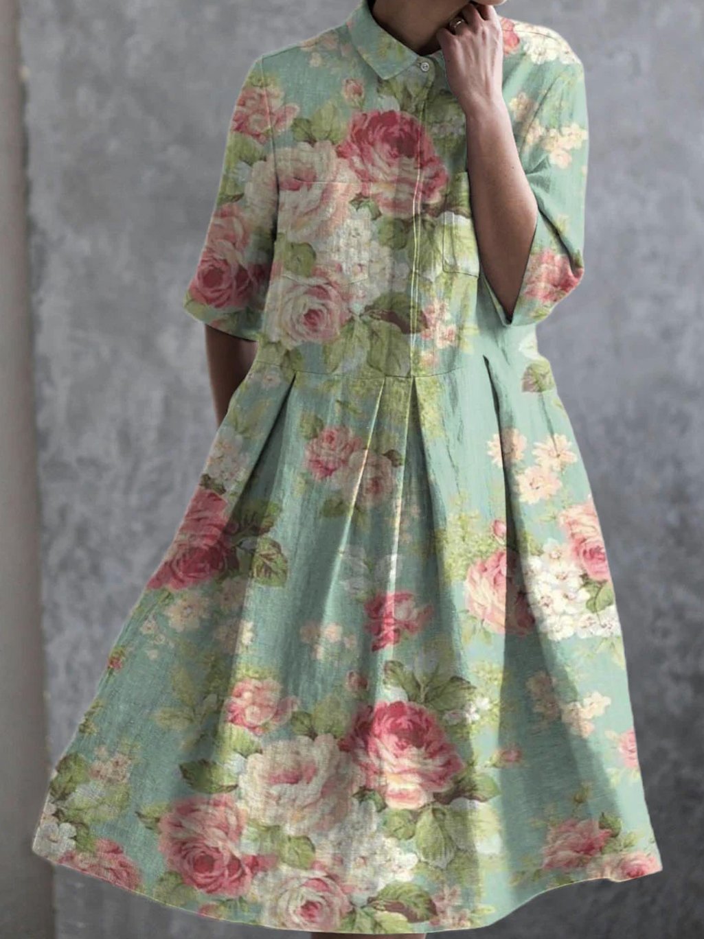Femmes Floral Vert Col de Chemise Confortable Robe Maxi Décontracté