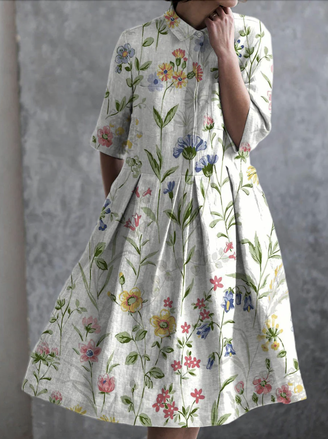 Femmes Floral Blanc Cassé Col de Chemise Confortable Robe Maxi Décontracté