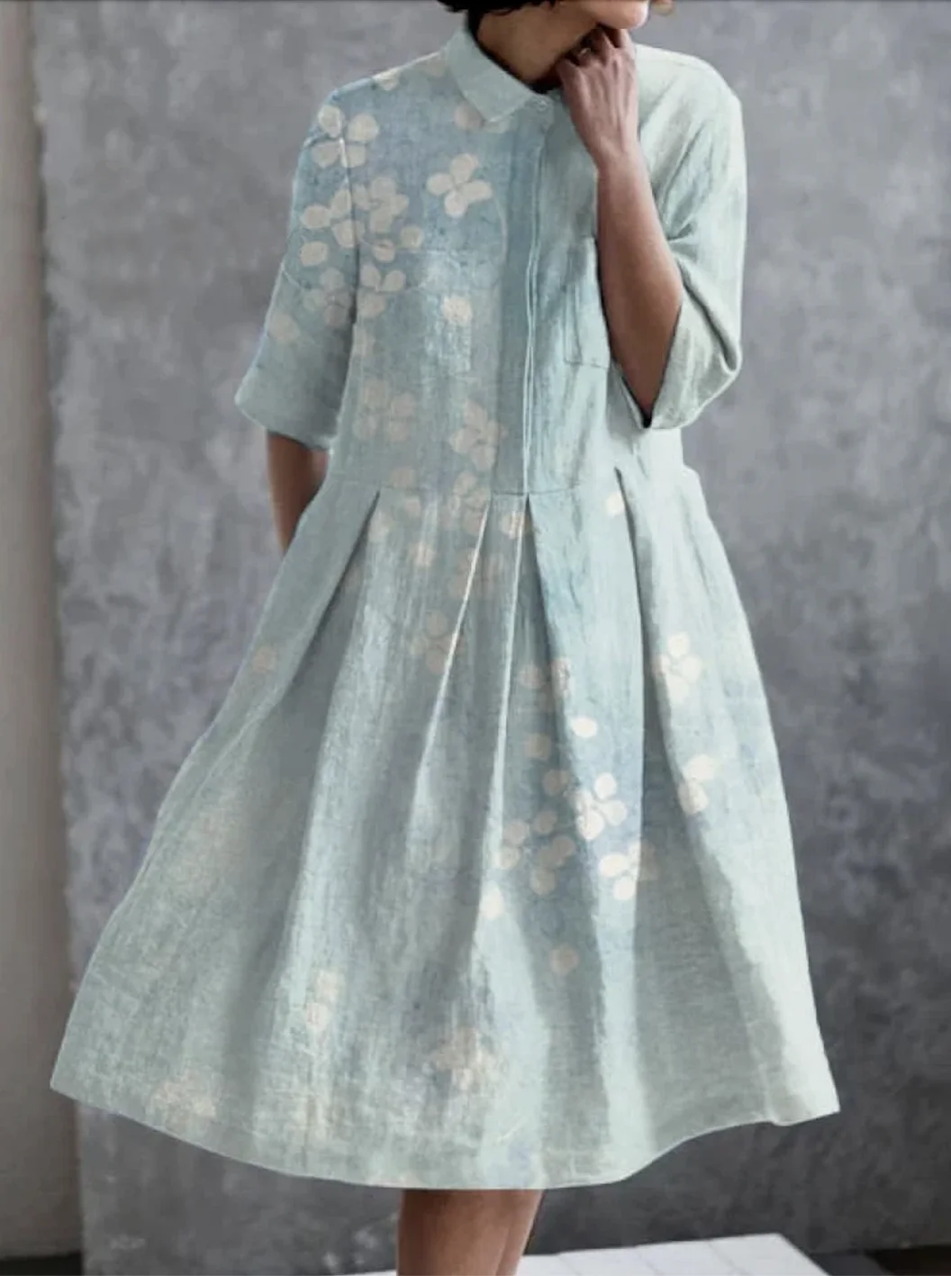 Femmes Floral Vert Clair Col de Chemise Confortable Robe Maxi Décontracté