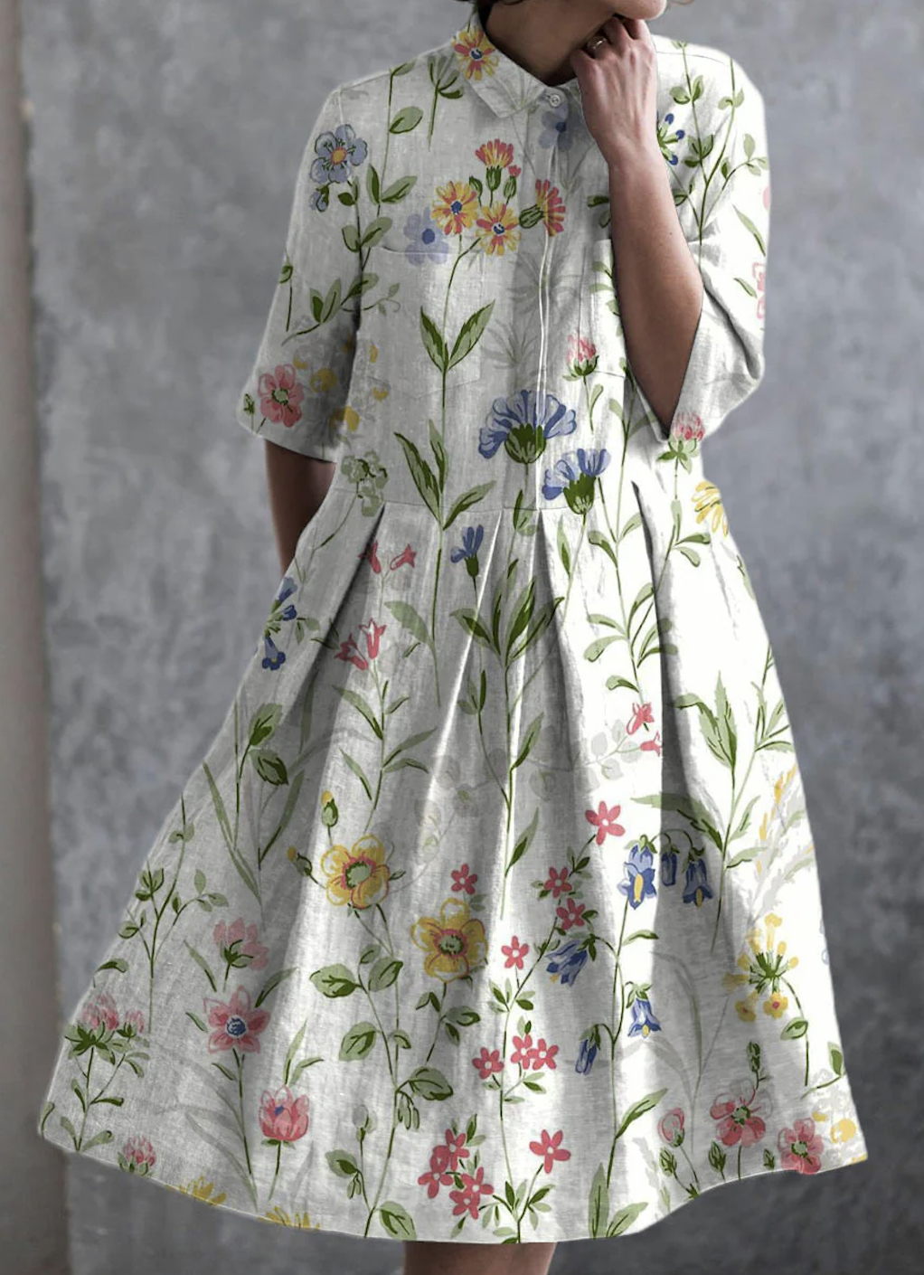Femmes Floral Blanc Cassé Col de Chemise Confortable Robe Maxi Décontracté
