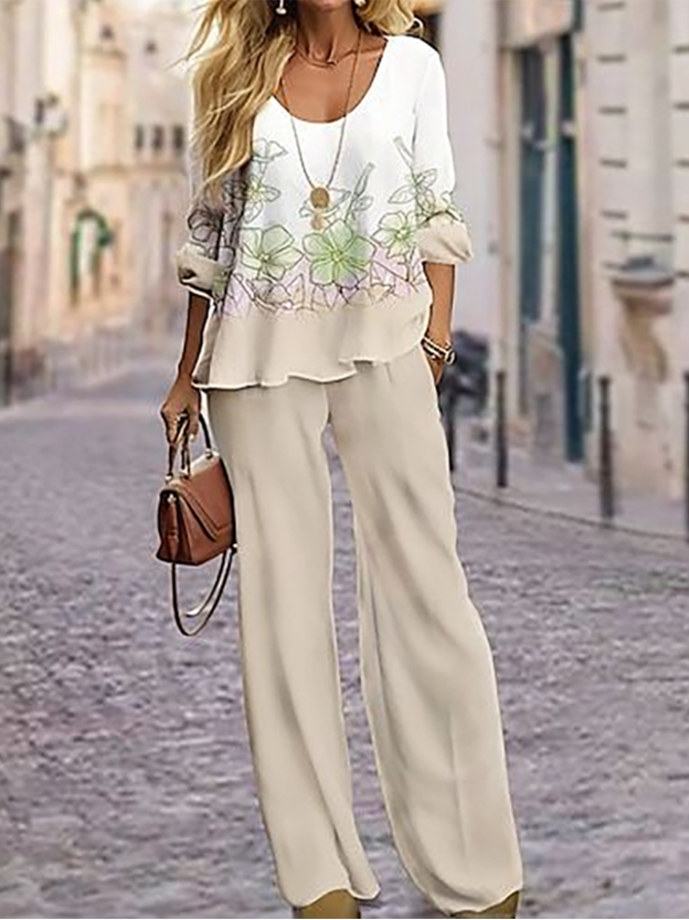 Deux Pièces Ensembles Femmes Décontracté Floral Printemps / Automne Polyester Imprimé Naturel Col Rond Top Avec Pantalons T.-N.-L.