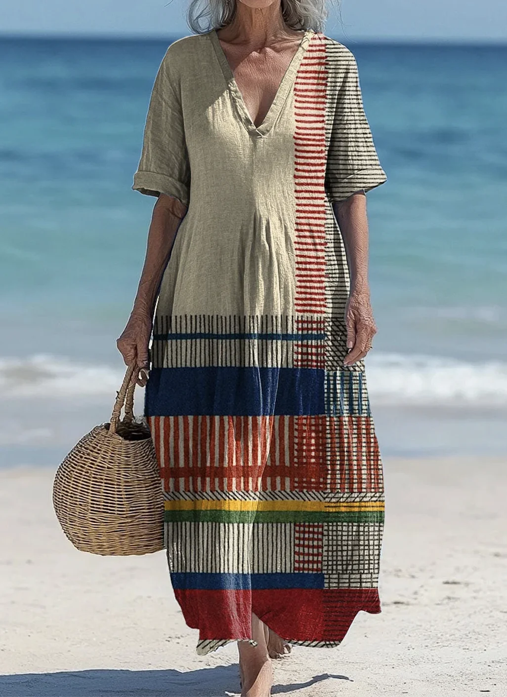 Femmes Géométrique Kaki Col V Confortable Robe Maxi Décontracté