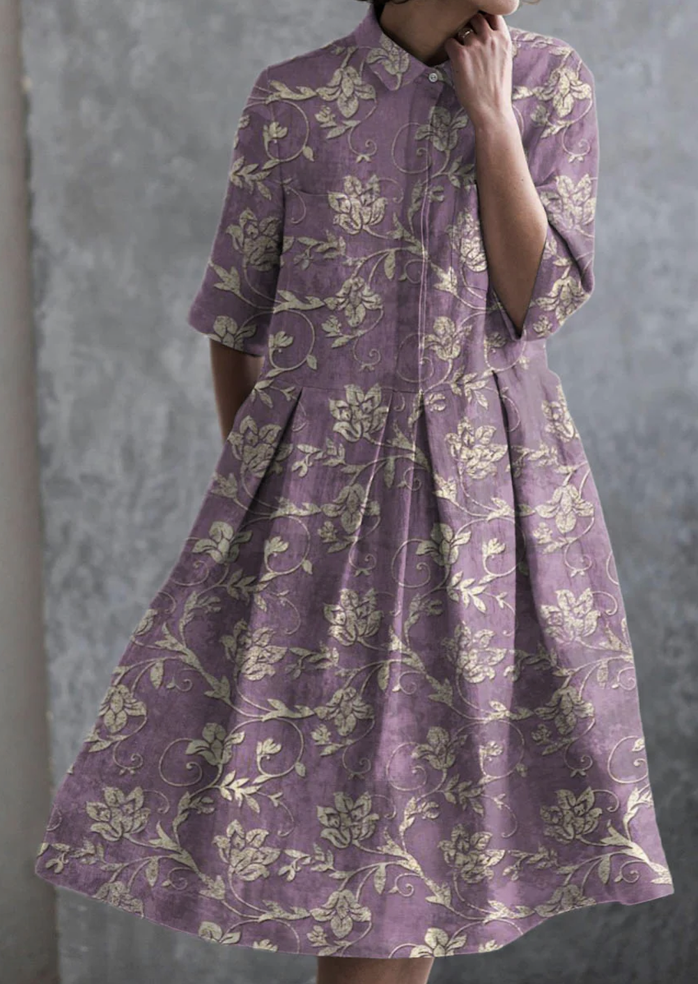Femmes Floral Violet Clair Col de Chemise Confortable Robe Maxi Décontracté