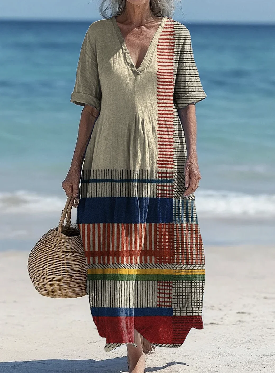 Femmes Géométrique Kaki Col V Confortable Robe Maxi Décontracté