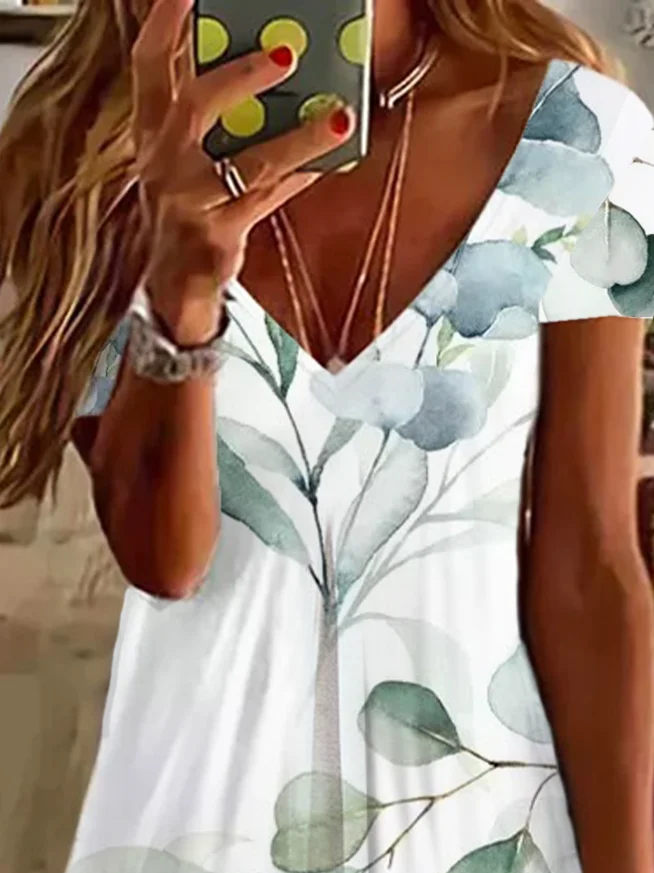 Femmes Floral Blanc Col V Confortable Imprimé Robe de Longueur Au Genou Décontracté