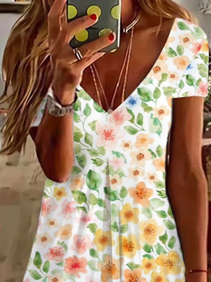 Femmes Floral Comme Image Col V Confortable Imprimé Robe de Longueur Au Genou Décontracté