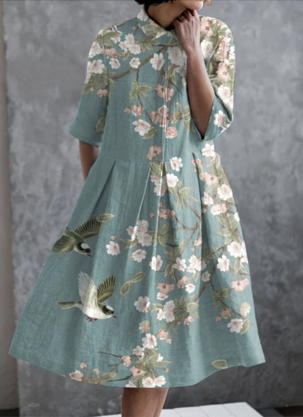 Femmes Floral Vert Clair Col de Chemise Confortable Robe Maxi Décontracté