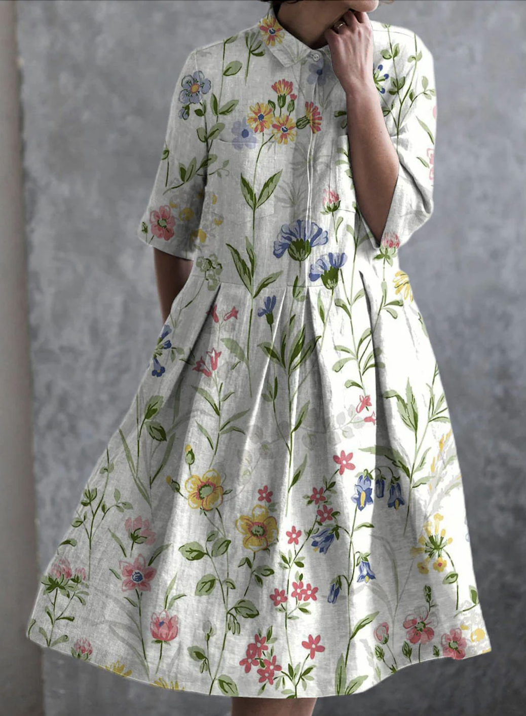 Femmes Floral Blanc Cassé Col de Chemise Confortable Robe Maxi Décontracté