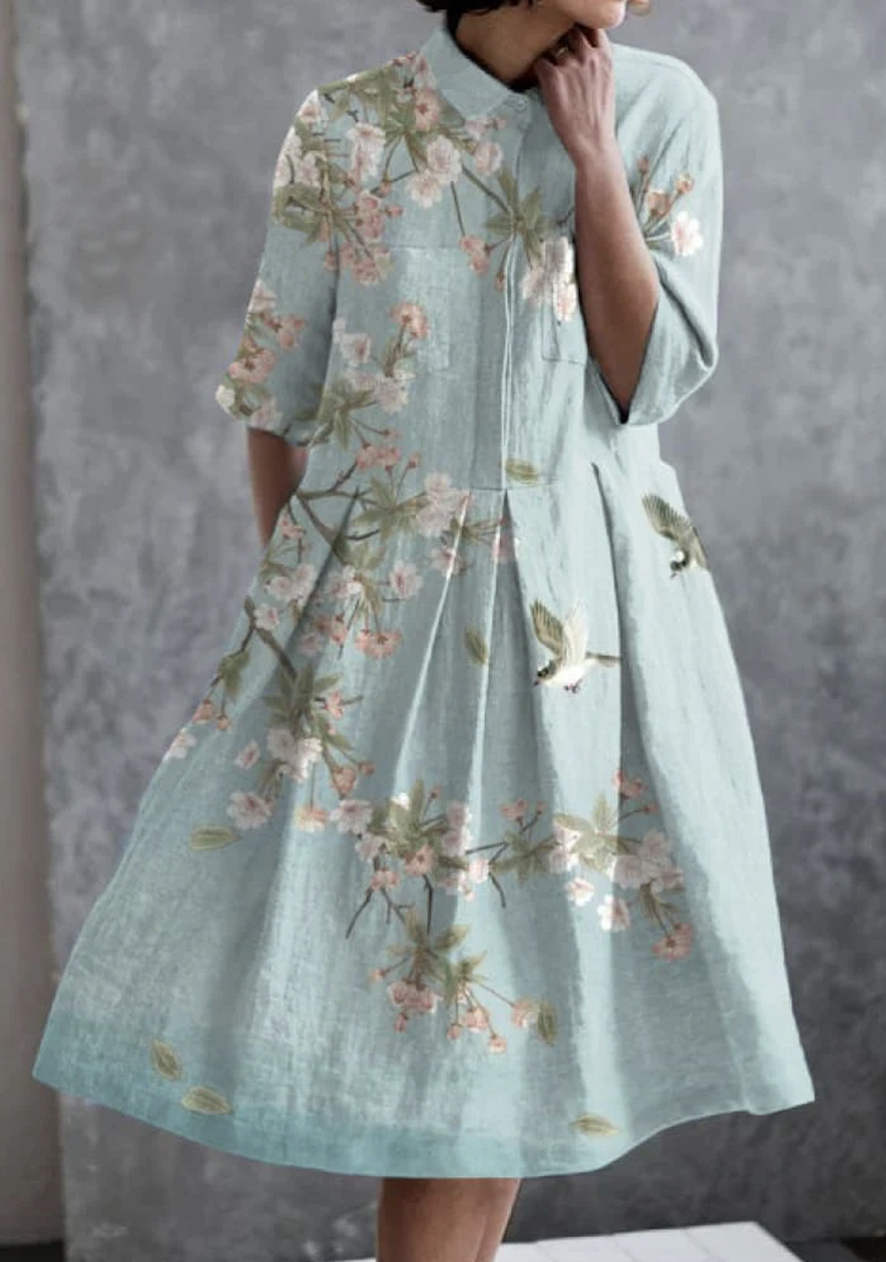 Femmes Floral Vert Clair Col de Chemise Confortable Robe Maxi Décontracté