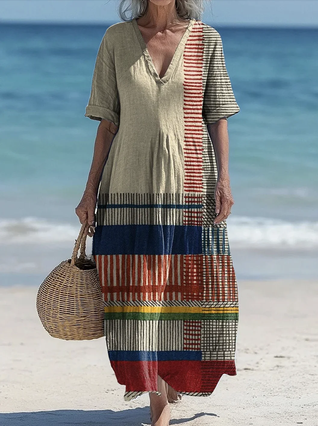 Femmes Géométrique Kaki Col V Confortable Robe Maxi Décontracté