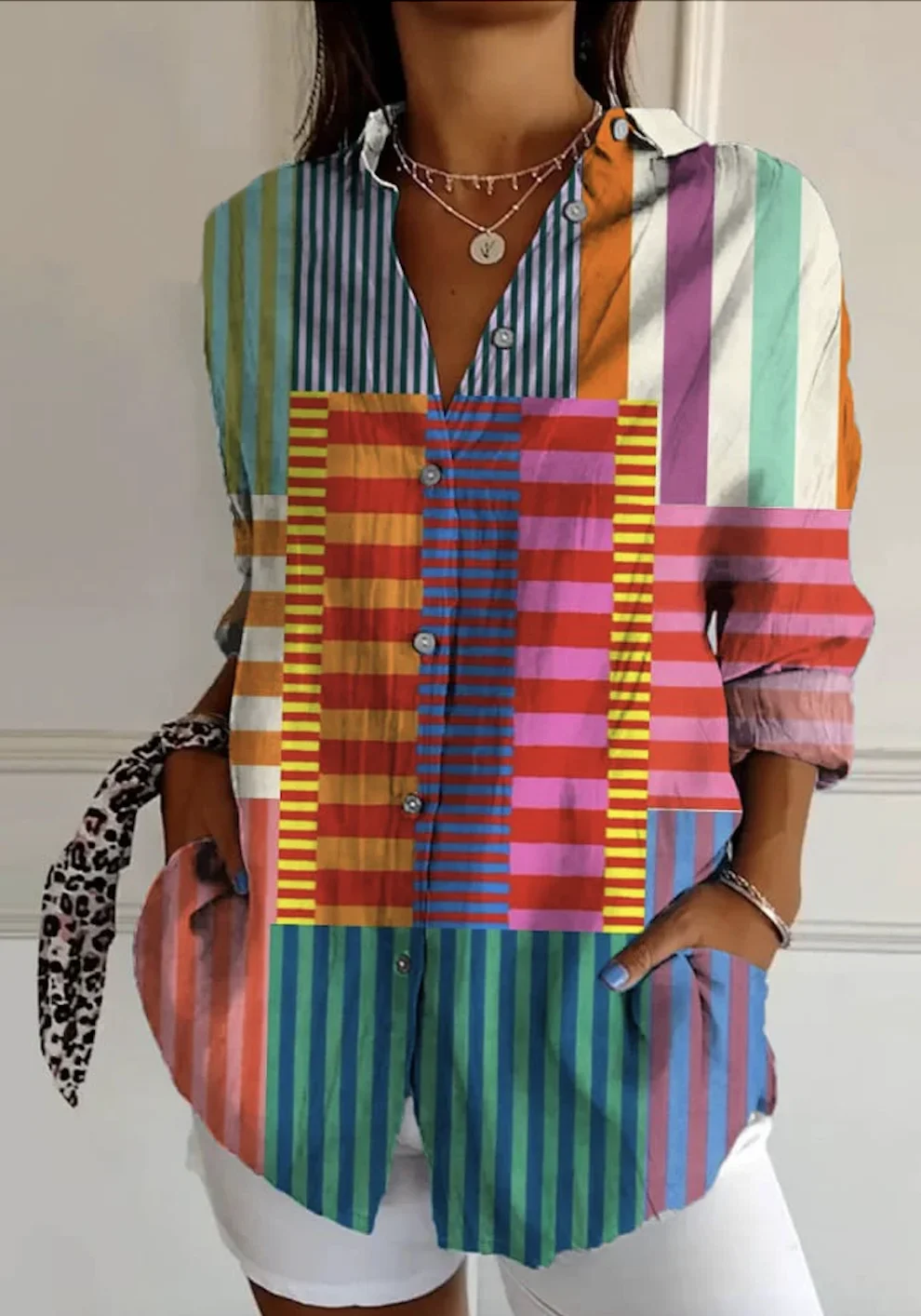 Chemises Géométrique Décontracté Printemps / Automne Micro-élasticité Quotidien Coupe Régulière Manches Longues Régulier Régulier pour Femmes
