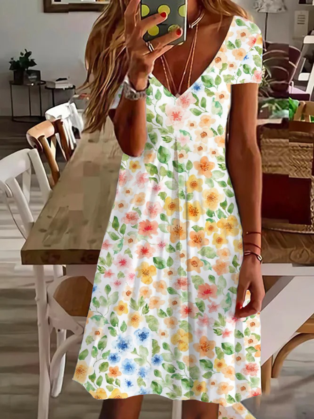 Femmes Floral Comme Image Col V Confortable Imprimé Robe de Longueur Au Genou Décontracté