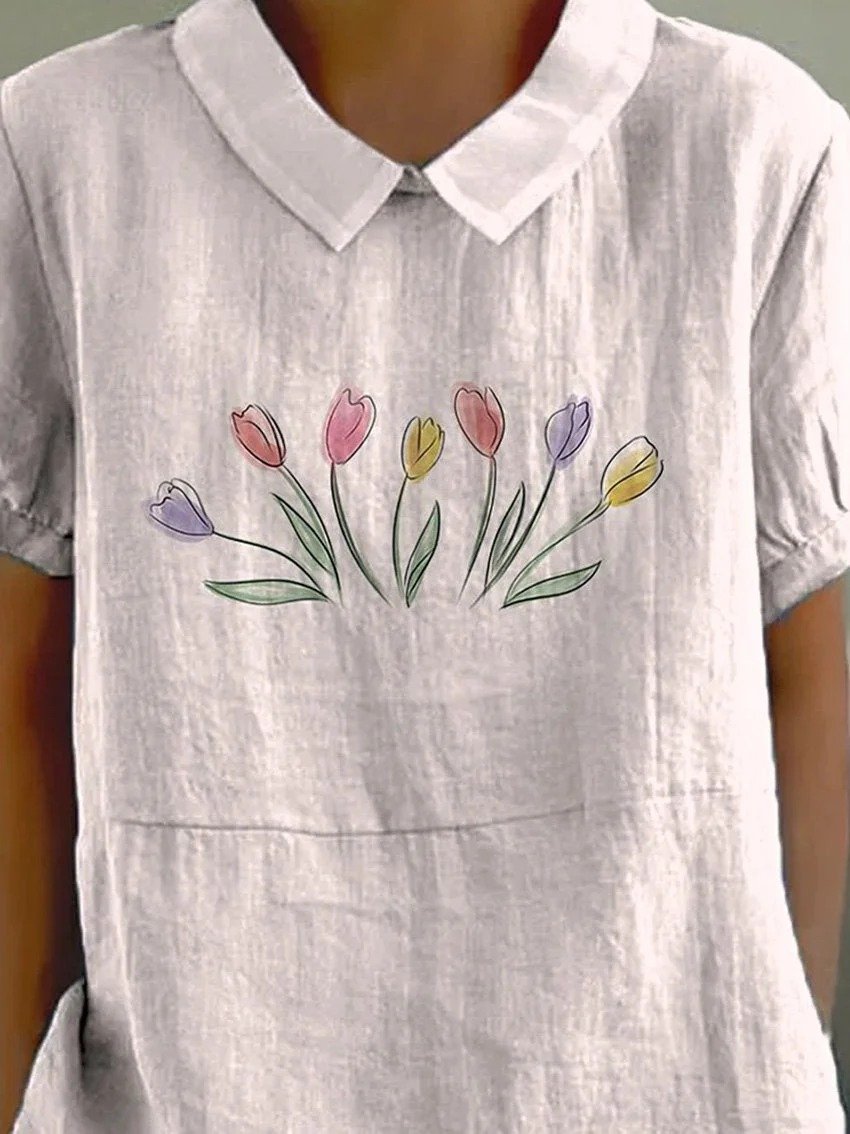 Blouses Femmes Simple Floral Été Coton Aucune élasticité Quotidien Demi Manche Col Châle Régulier