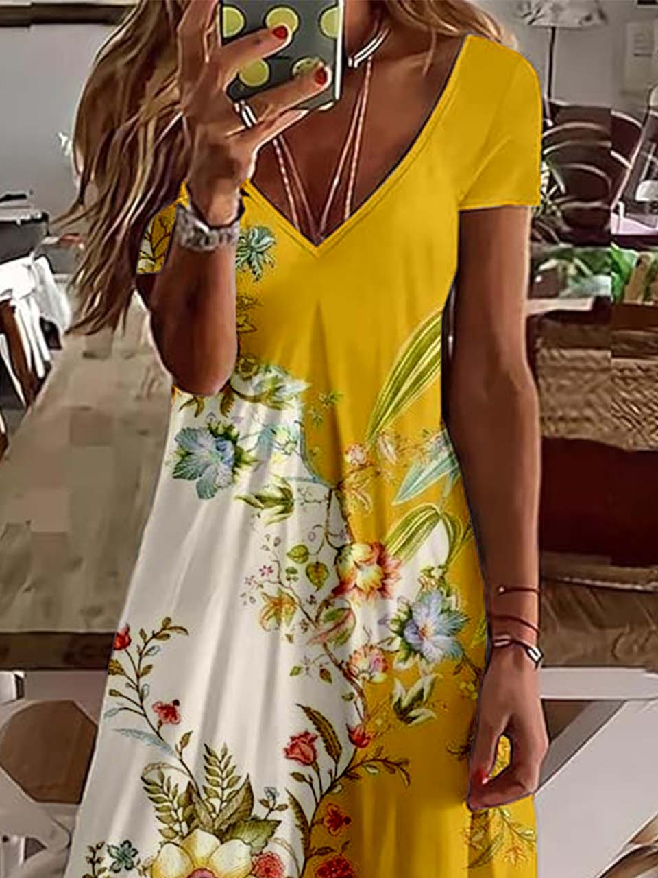 Femmes Floral Jaune Col V Confortable Robe de Longueur Au Genou Rétro