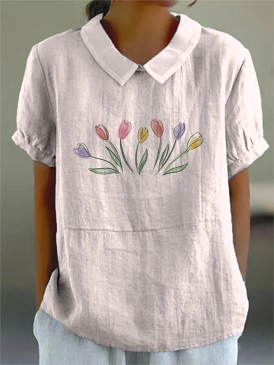Blouses Femmes Simple Floral Été Coton Aucune élasticité Quotidien Demi Manche Col Châle Régulier