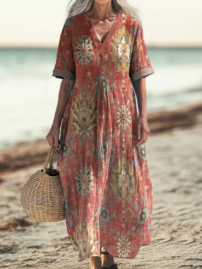 Femmes Géométrique Rouge Col V Confortable Robe Maxi Rétro