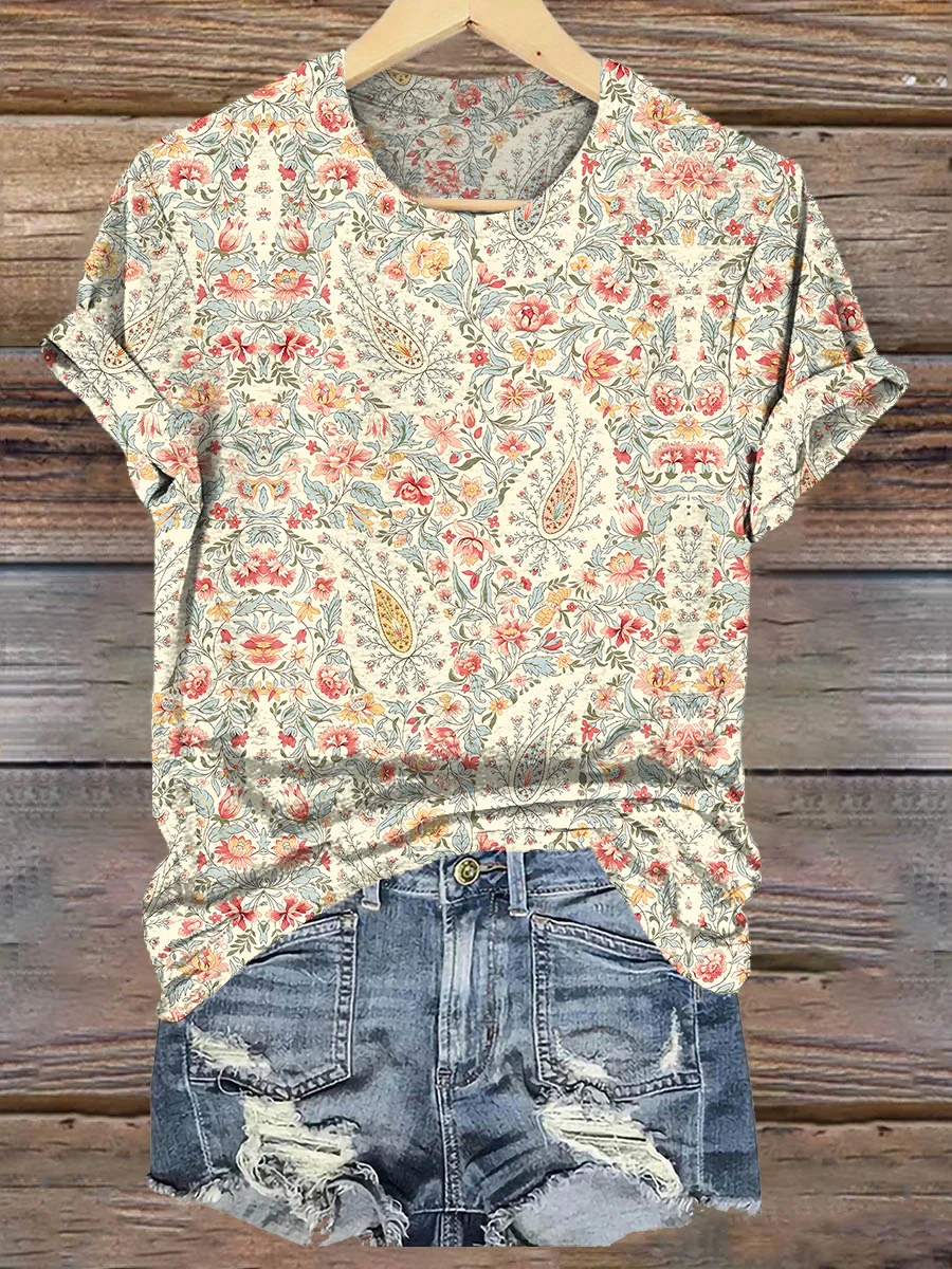 T-shirts Décontracté Motif Cachemire Été Polyester Micro-élasticité Quotidien Manches Courtes Col Rond Régulier pour Femmes