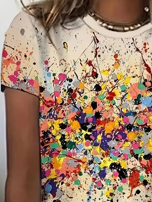 T-shirts Décontracté Bloc de Couleur Été Imprimé Micro-élasticité Jersey Manches Courtes Régulier Régulier pour Femmes