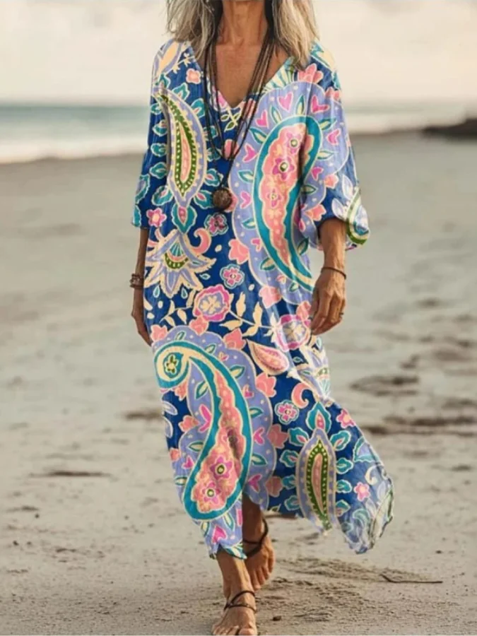 Femmes Motif Cachemire Comme Image Col V Confortable Robe Maxi Rétro