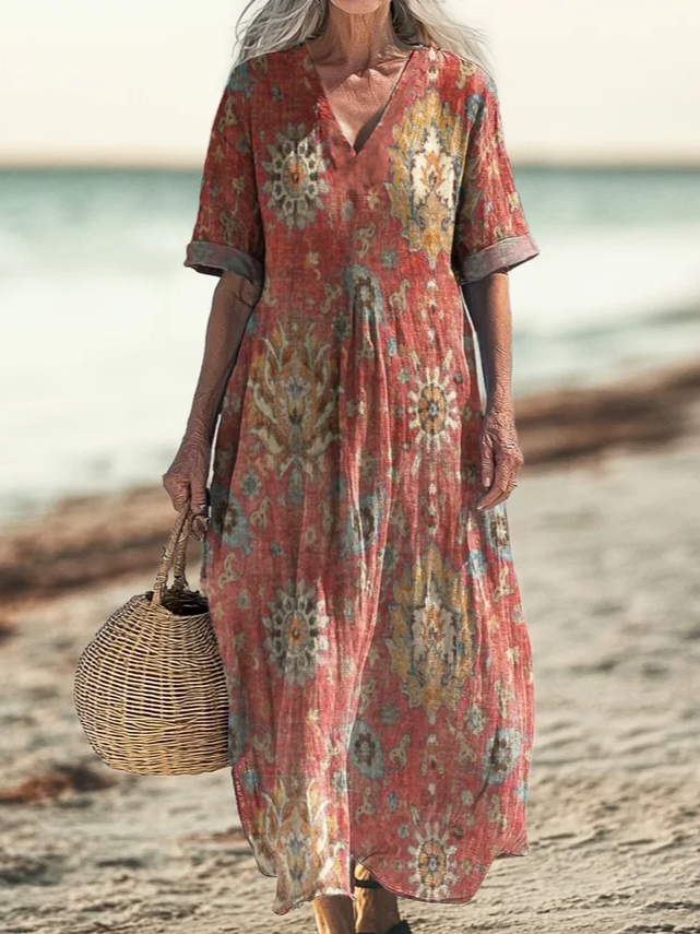 Femmes Géométrique Rouge Col V Confortable Robe Maxi Rétro