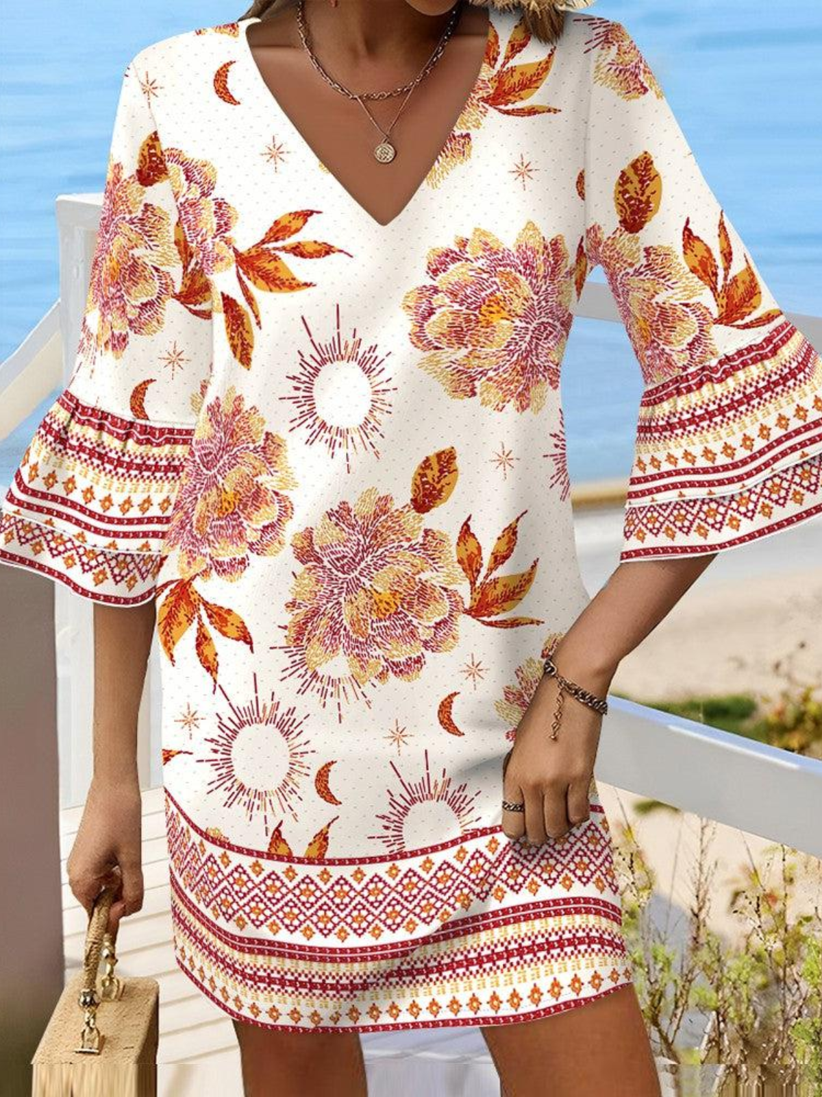 Femmes Floral Bleu Col V Confortable Robe Mi-Longue Boho
